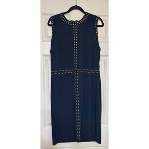 Carmen Marc Valvo Navy Blue Sleeveless Cocktail Knee Dress w/ Gold Stud Accents